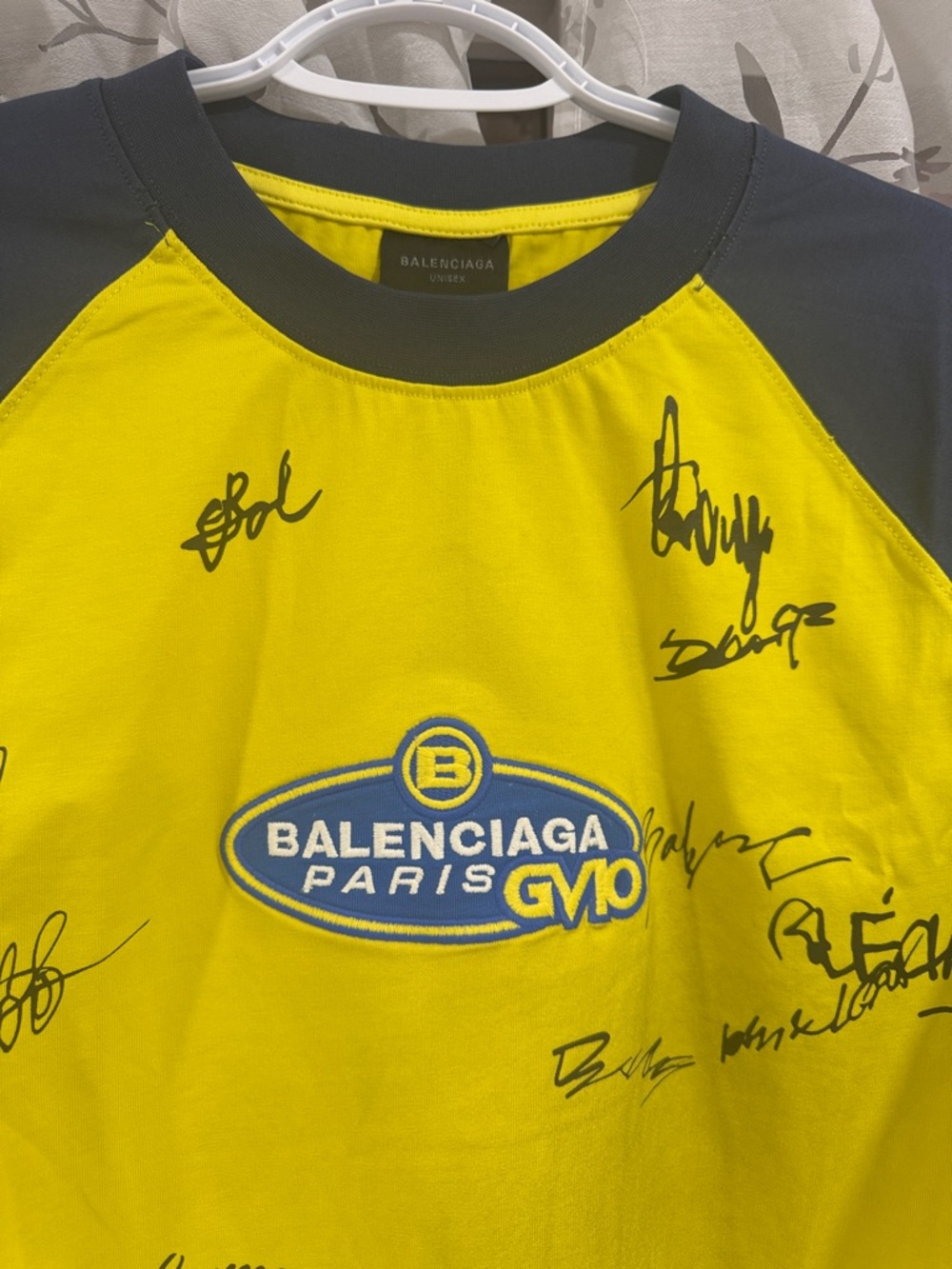 Balenciaga Yellow Tee with Navy Raglan Sleeves large oversized like XL